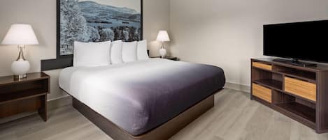 A hotel room with a large bed, two bedside tables with lamps, a flat-screen TV, and a large framed picture on the wall.