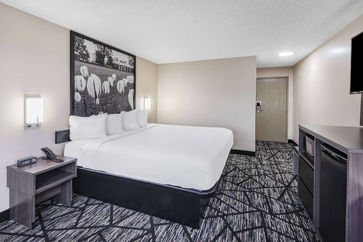 A hotel room with a large bed, a bedside table with a phone, a flat-screen TV, and a patterned carpet.