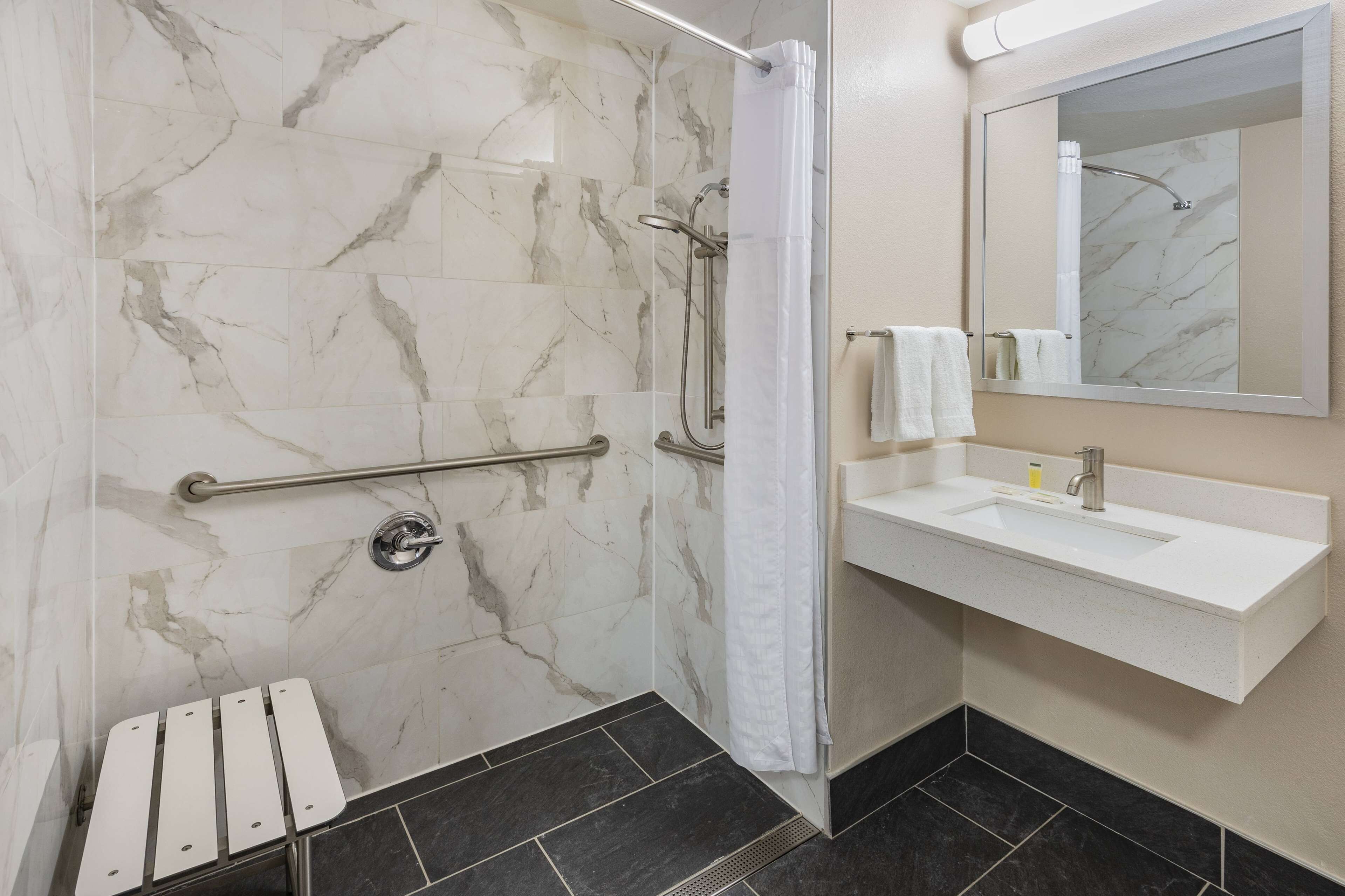 A modern bathroom with a shower, a handrail, a sink, and a mirror.