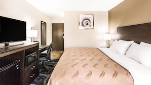 Une chambre d’hôtel avec un lit, un bureau, une télévision et une porte.
