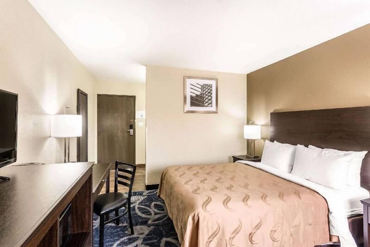 Une chambre d’hôtel comprenant un lit, un bureau avec une chaise, une télévision et un tableau encadré au mur.