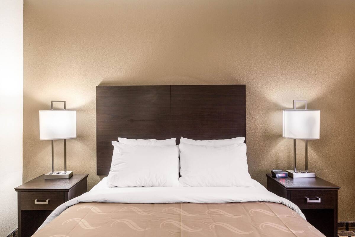 Une chambre d’hôtel avec un grand lit, deux tables de chevet et une tête de lit.