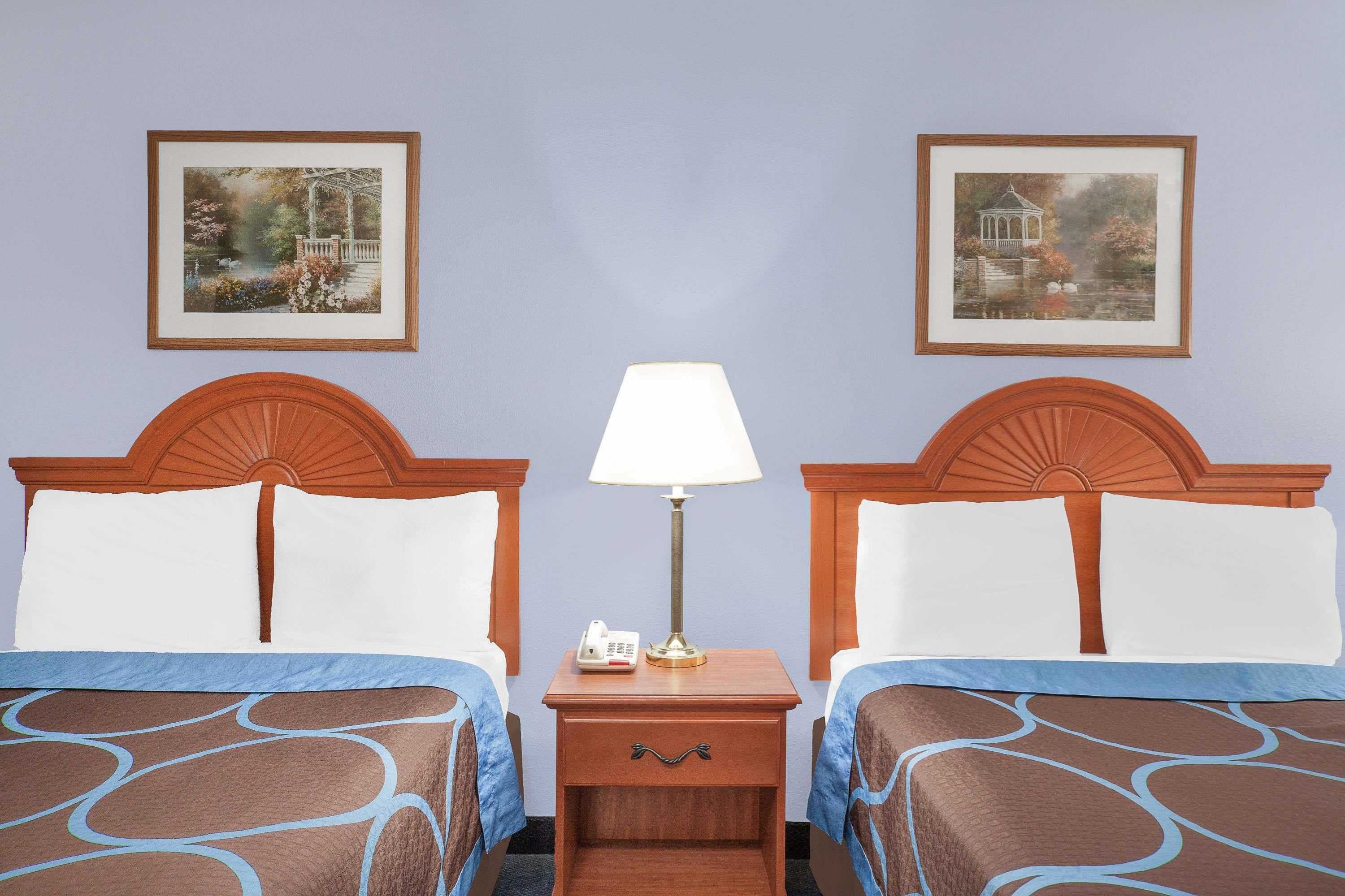 Quarto de hotel com duas camas, uma mesa de cabeceira com abajur e duas molduras na parede.