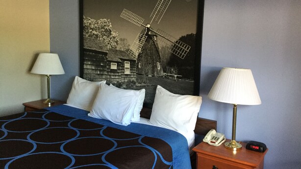 Una habitación de hotel con una cama, dos mesitas de noche con lámparas, un teléfono instalado en la pared y un cuadro grande en blanco y negro de un molino.
