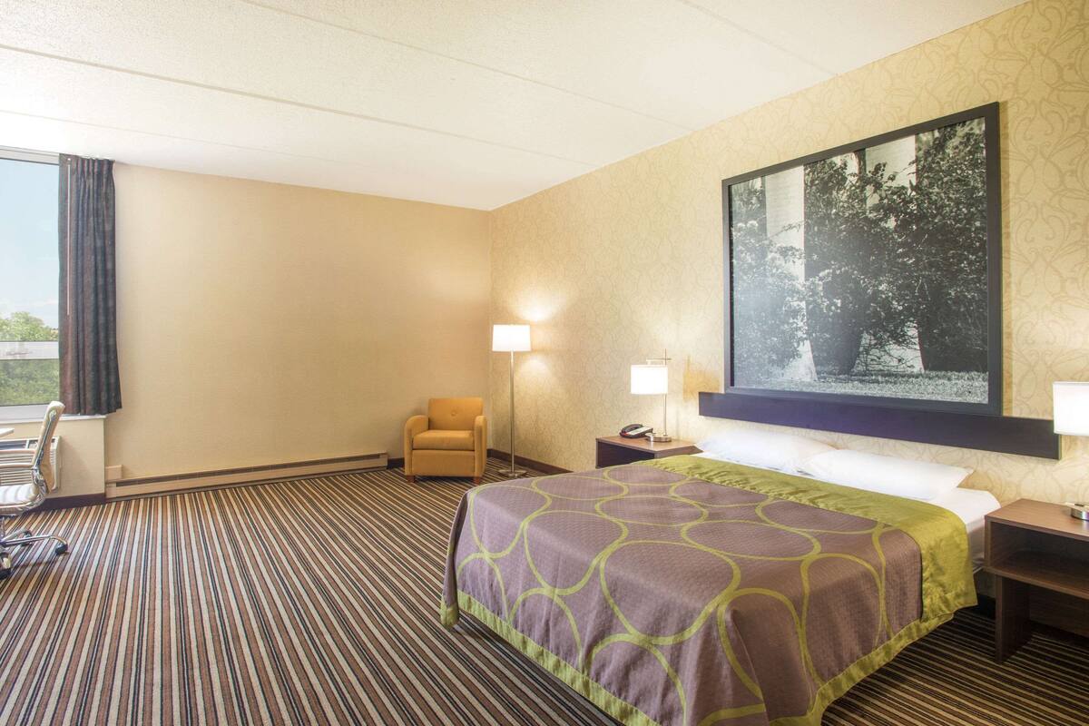 A hotel room with a striped carpet, a bed with a patterned bedspread, a chair, a nightstand with a lamp, and a large framed picture on the wall.