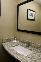 Un baño con encimera de granito, un lavabo blanco, un espejo y un cuadro en la pared.