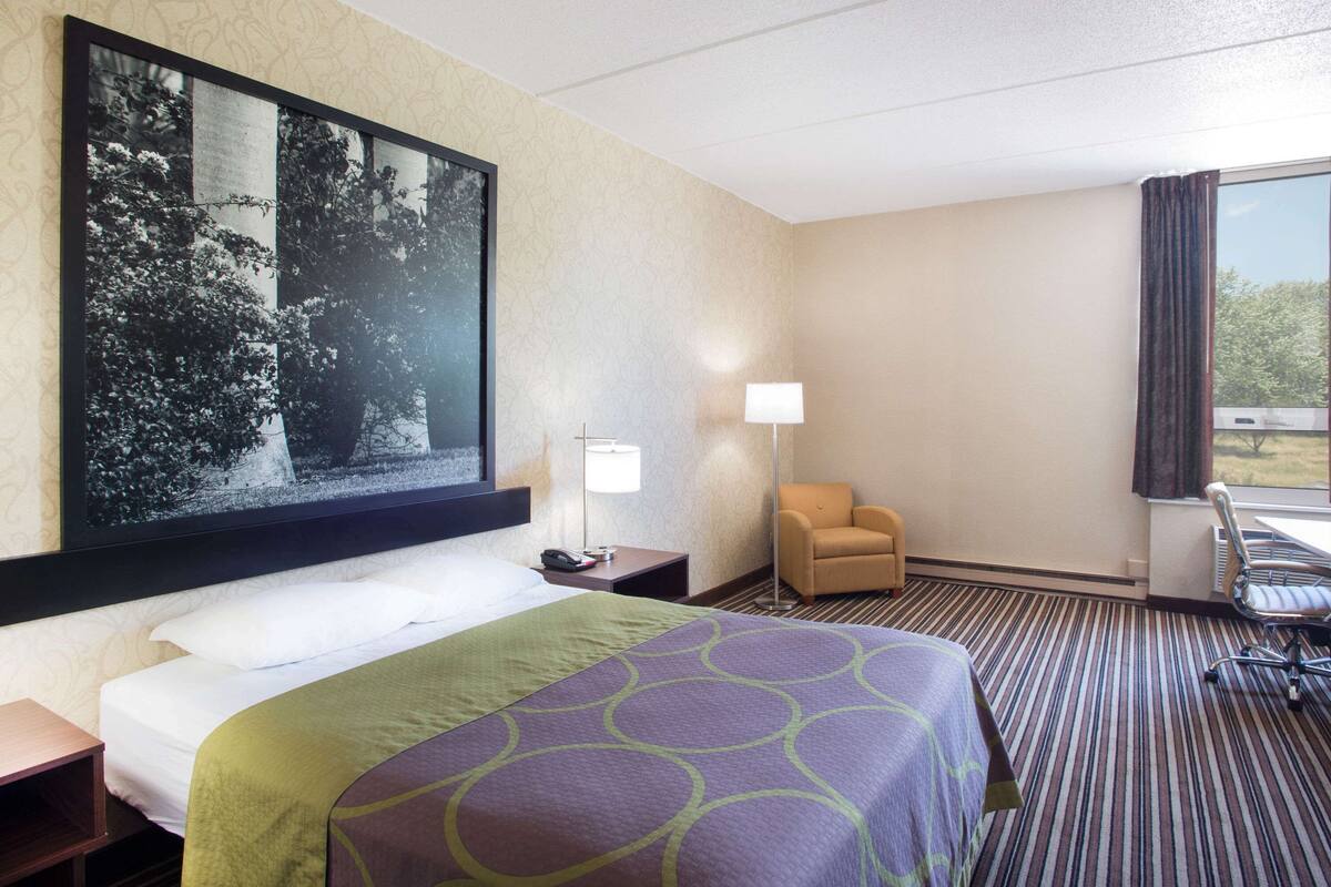 A hotel room with a large bed, a chair, a desk, a lamp, and a large window.