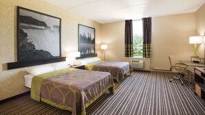 A hotel room with two beds, a desk, a chair, a window with curtains, and two wall-mounted lamps. - Super 8 by Wyndham Plattsburgh (Plattsburgh)