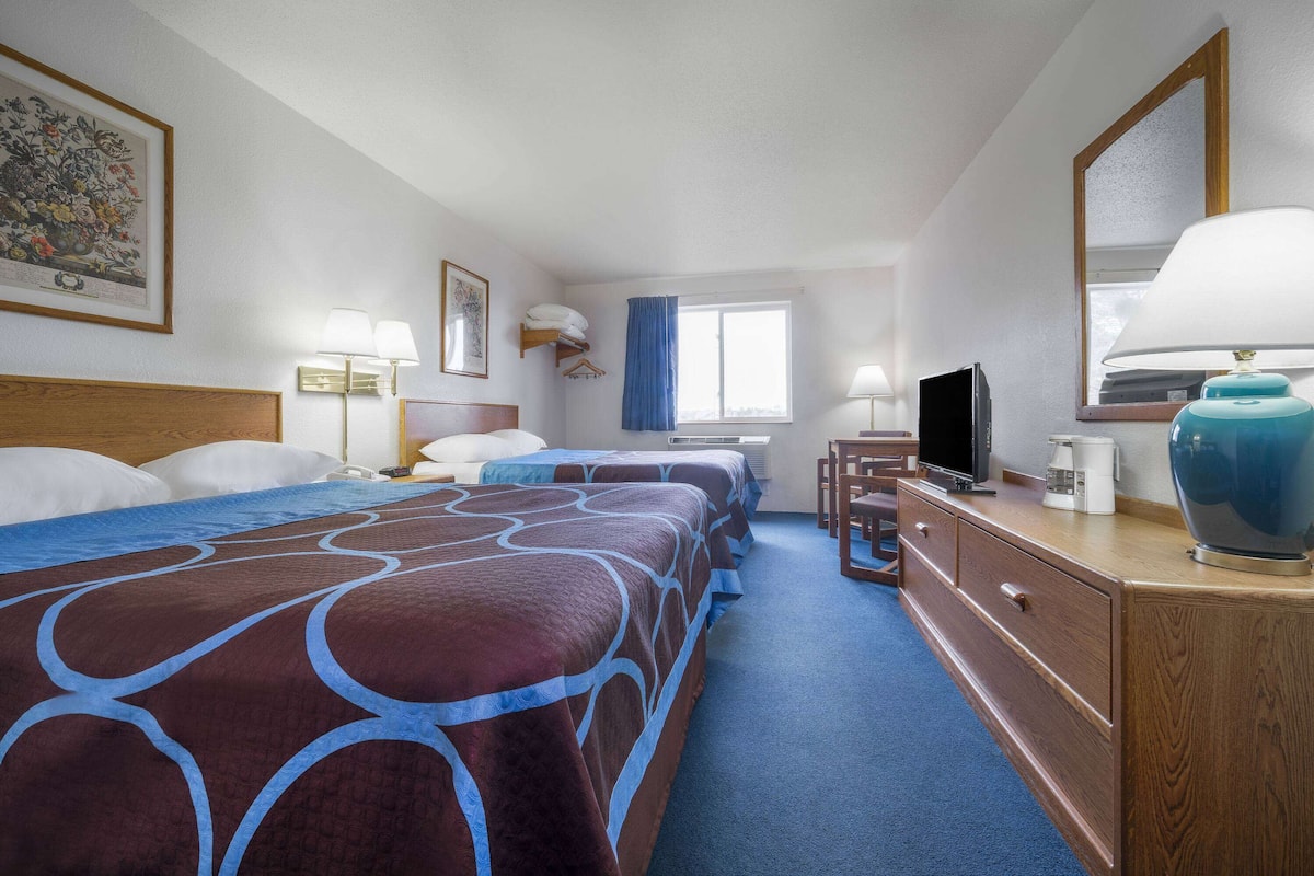 Une chambre d’hôtel avec deux lits, une télévision, une commode et une fenêtre avec des rideaux.
