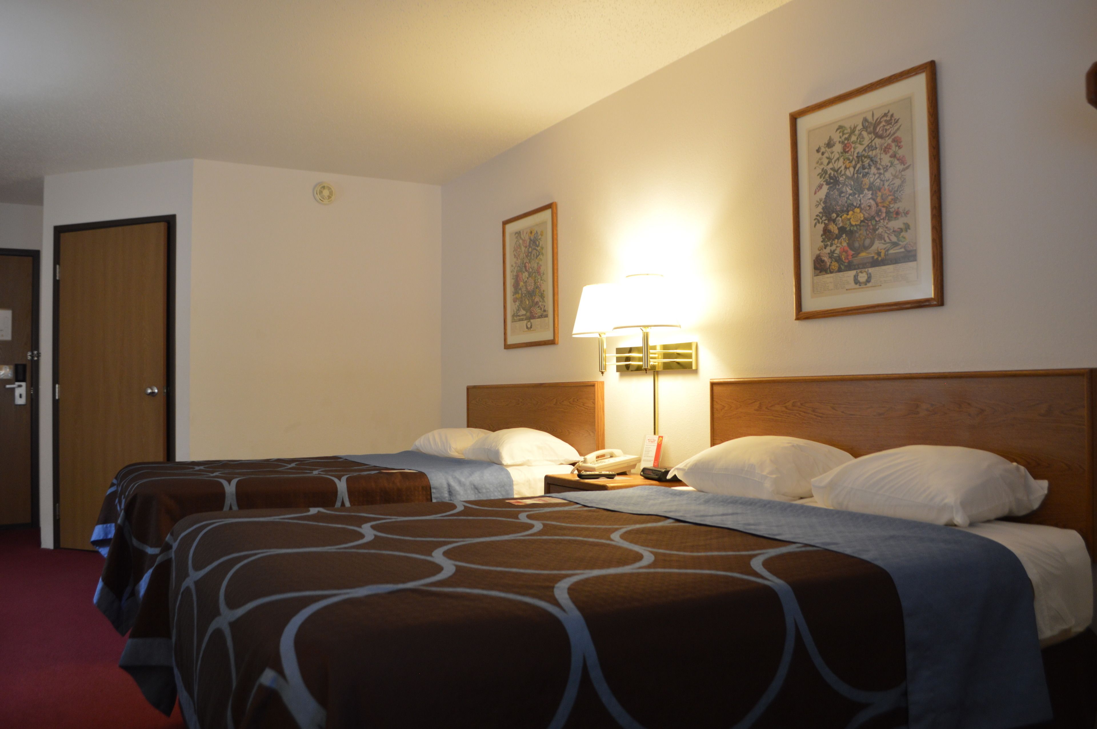 Quarto de hotel com duas camas, uma luminária, um telefone e duas fotos emolduradas na parede.