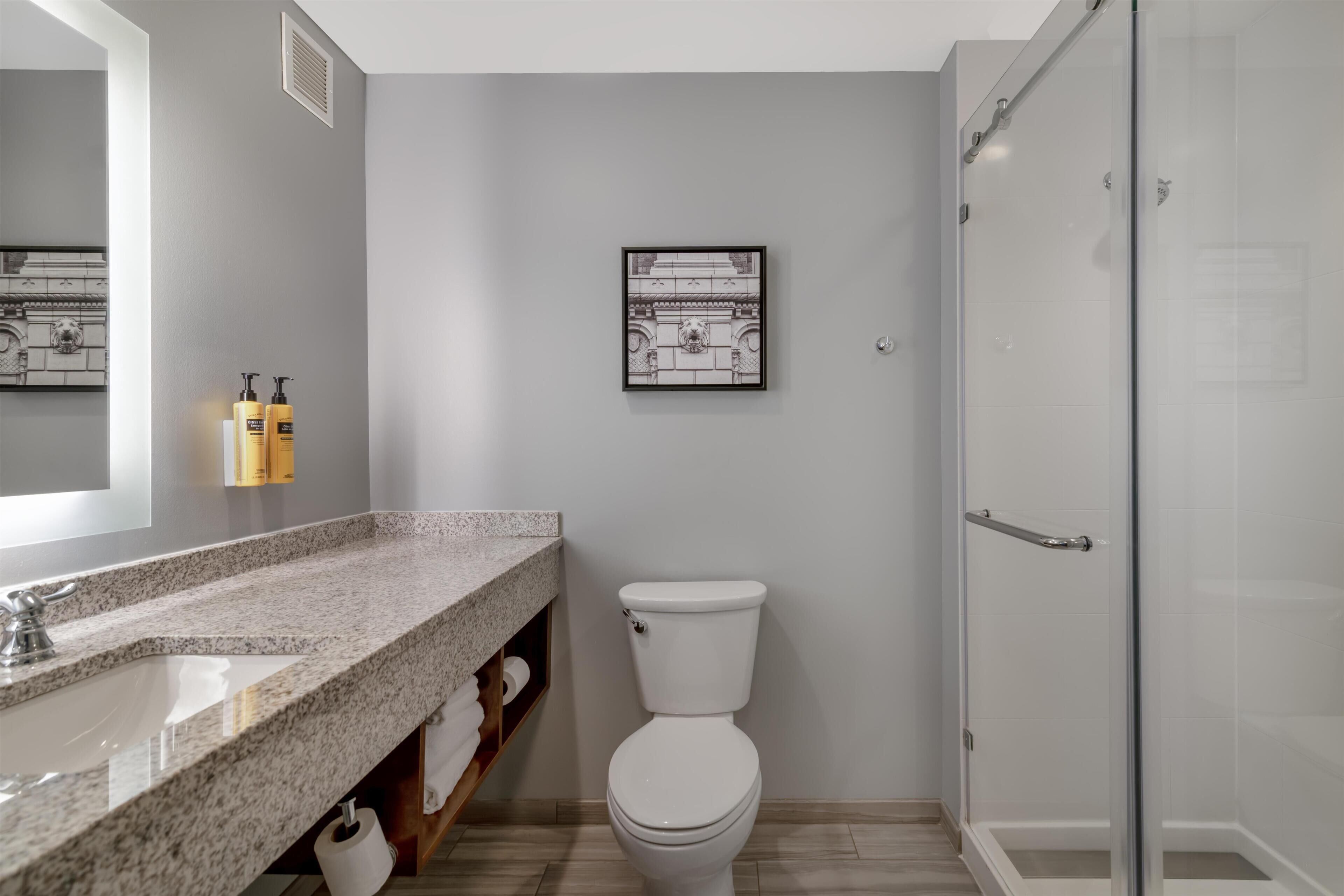 Un baño moderno con encimera de granito, inodoro, un dibujo arquitectónico enmarcado en la pared y cabina de ducha de vidrio.