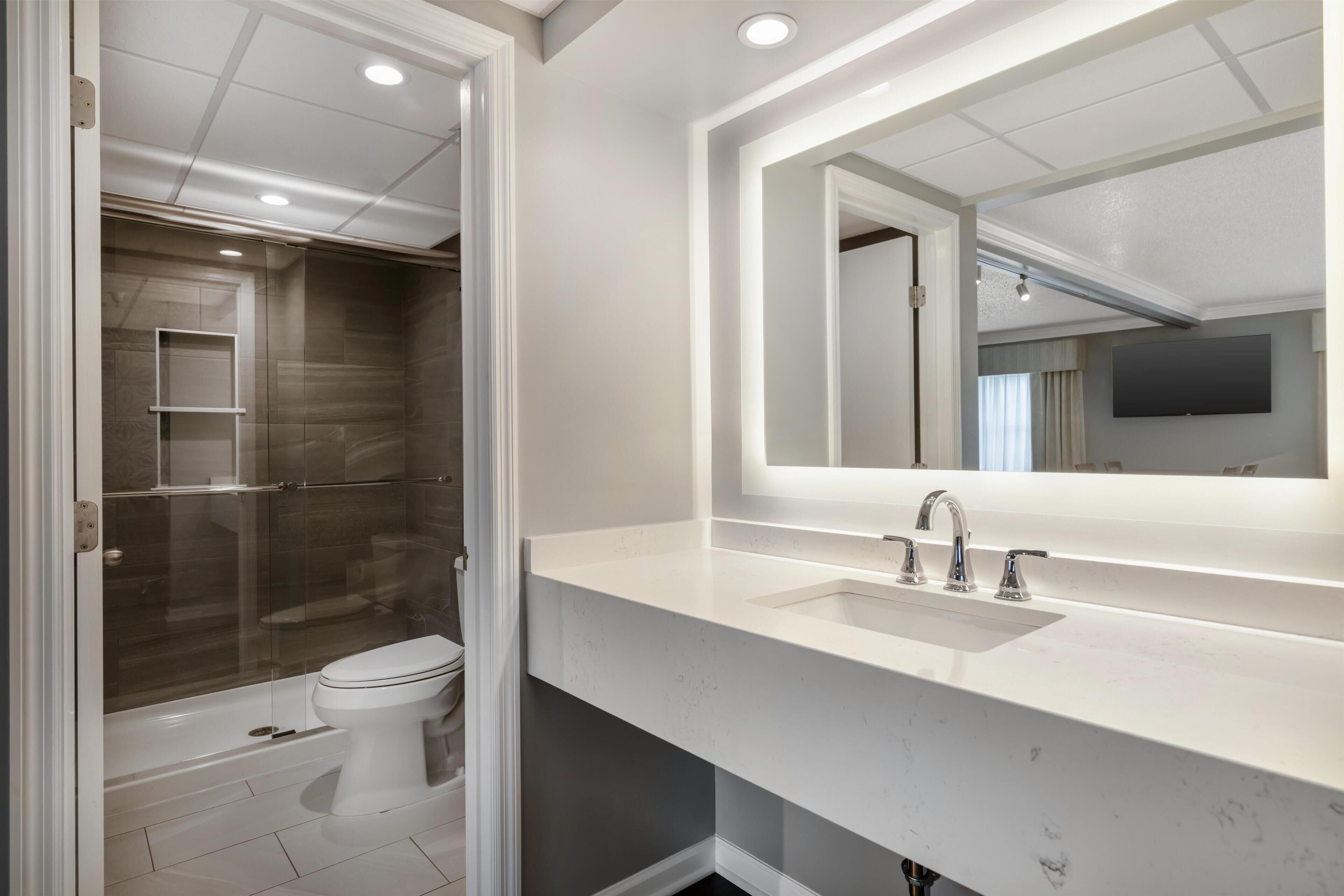 A modern bathroom with a shower, toilet, and sink.
