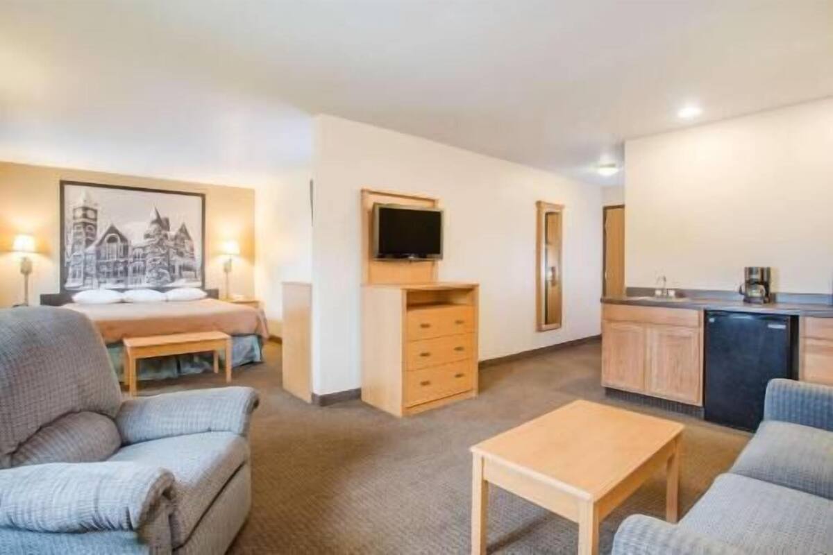 Une chambre d’hôtel comprenant un lit, un canapé, une télévision, une petite table et une kitchenette.