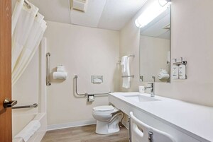 Bañera con ducha, secador de pelo, toallas