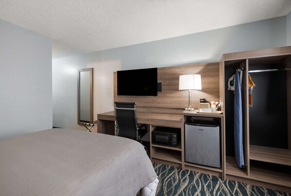 A hotel room with a bed, desk, chair, television, microwave, refrigerator, and wardrobe.