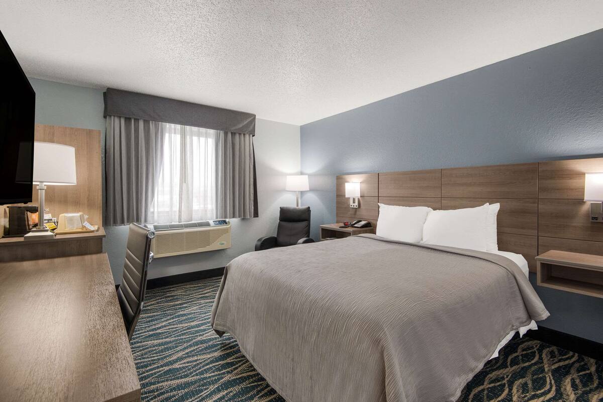 A hotel room with a large bed, a desk, a chair, a TV, and a window with curtains.