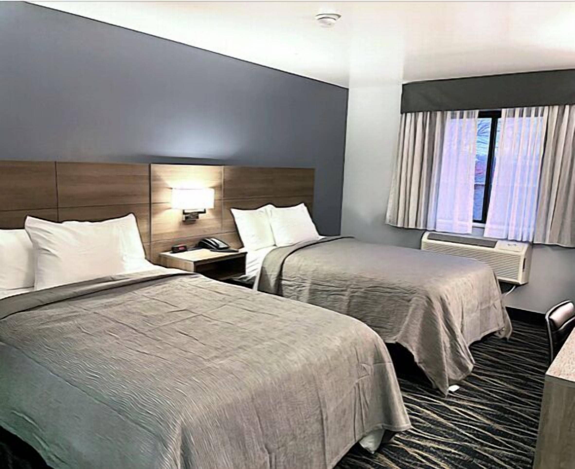 Quarto de hotel com duas camas, uma mesa de cabeceira com luminária, janela com cortinas e piso coberto por carpete.
