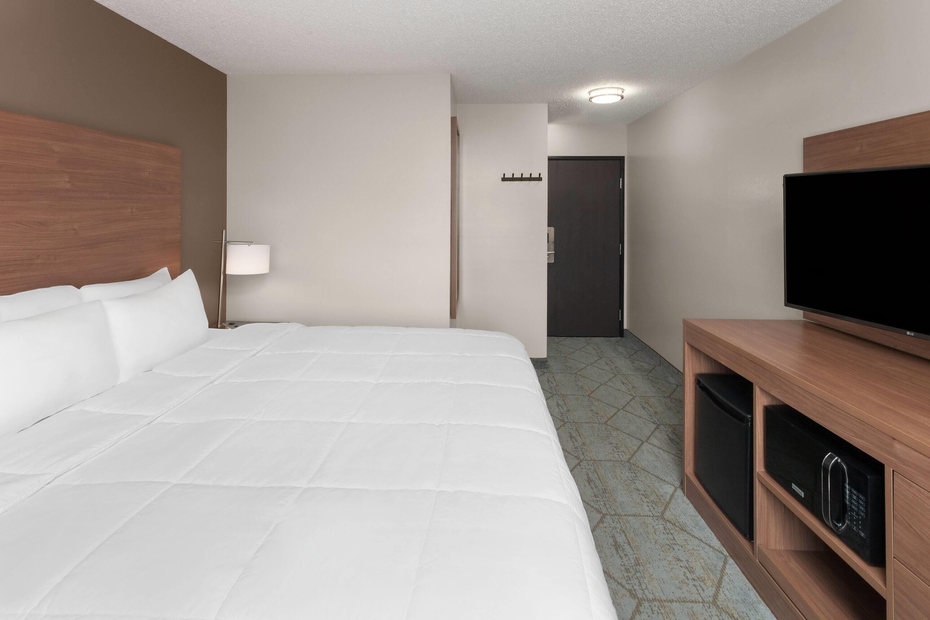 A hotel room with a large bed, a flat-screen TV, a wooden headboard, a bedside lamp, and a minibar.