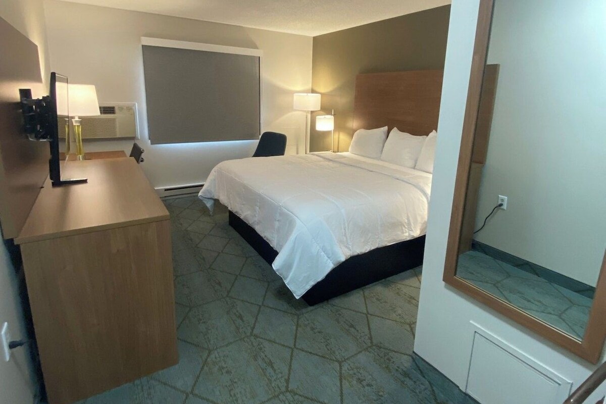 Une chambre d’hôtel avec un lit, un bureau, une chaise, un miroir et une fenêtre.