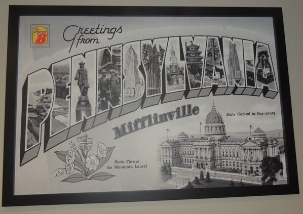 A framed greeting card from Mifflinville, featuring a collage of city landmarks and the state capitol building. - Super 8 by Wyndham Mifflinville Near Bloomsburg (Mifflinville)