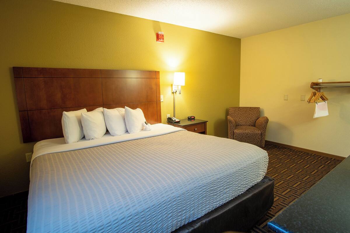 A hotel room with a large bed, a nightstand, a chair, and a lamp.