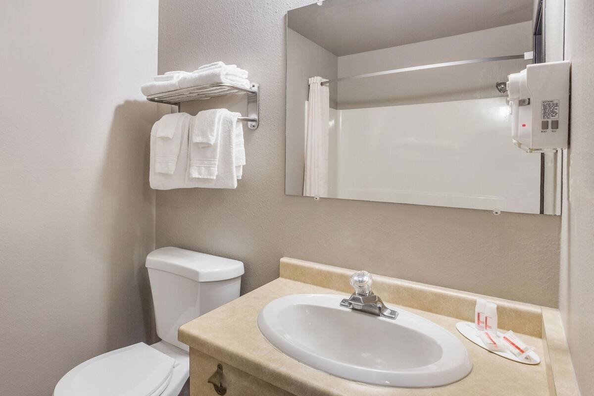Un baño con inodoro, lavamanos, toallero y espejo.