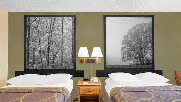 Een hotelkamer met twee bedden, een nachtkastje met lampen, en twee grote ingelijste foto's aan de muur.