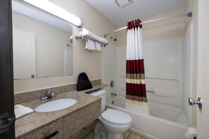 Bathroom features a sink, toilet, bathtub, and shower, with a mirror and storage above the sink.
