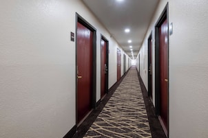Un pasillo de hotel con puertas a ambos lados, una alfombra estampada e iluminación empotrada en el techo.