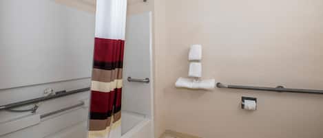 A bathroom with a shower, toilet, and handrails.
