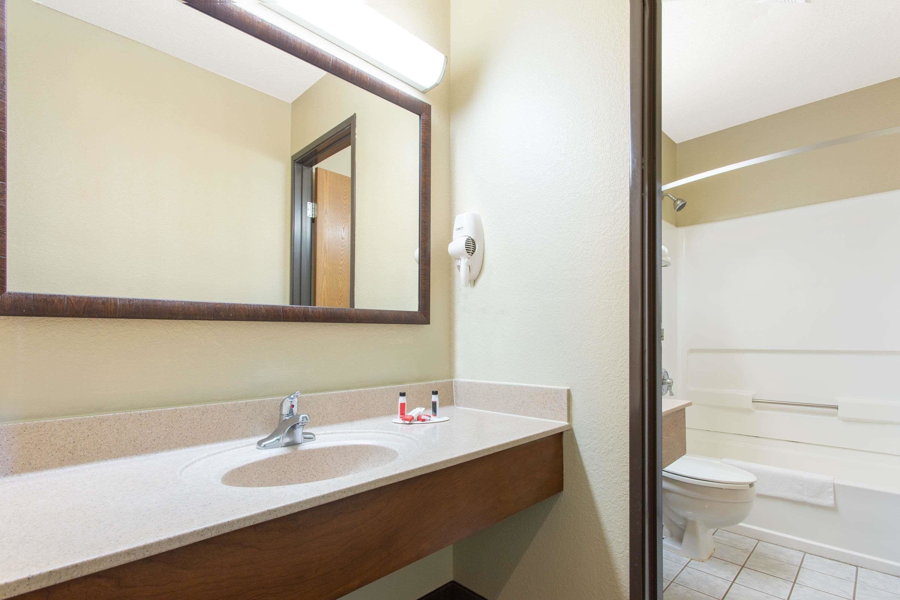 A bathroom with a sink, mirror, and toilet.