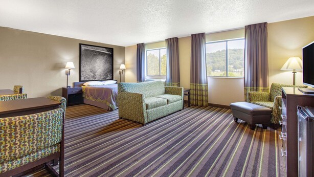 Een hotelkamer met een bed, twee sofa's, een bureau en een televisie.