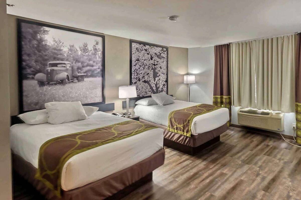 Habitación de hotel con dos camas, un cuadro grande enmarcado en la pared, una lámpara y un aire acondicionado.