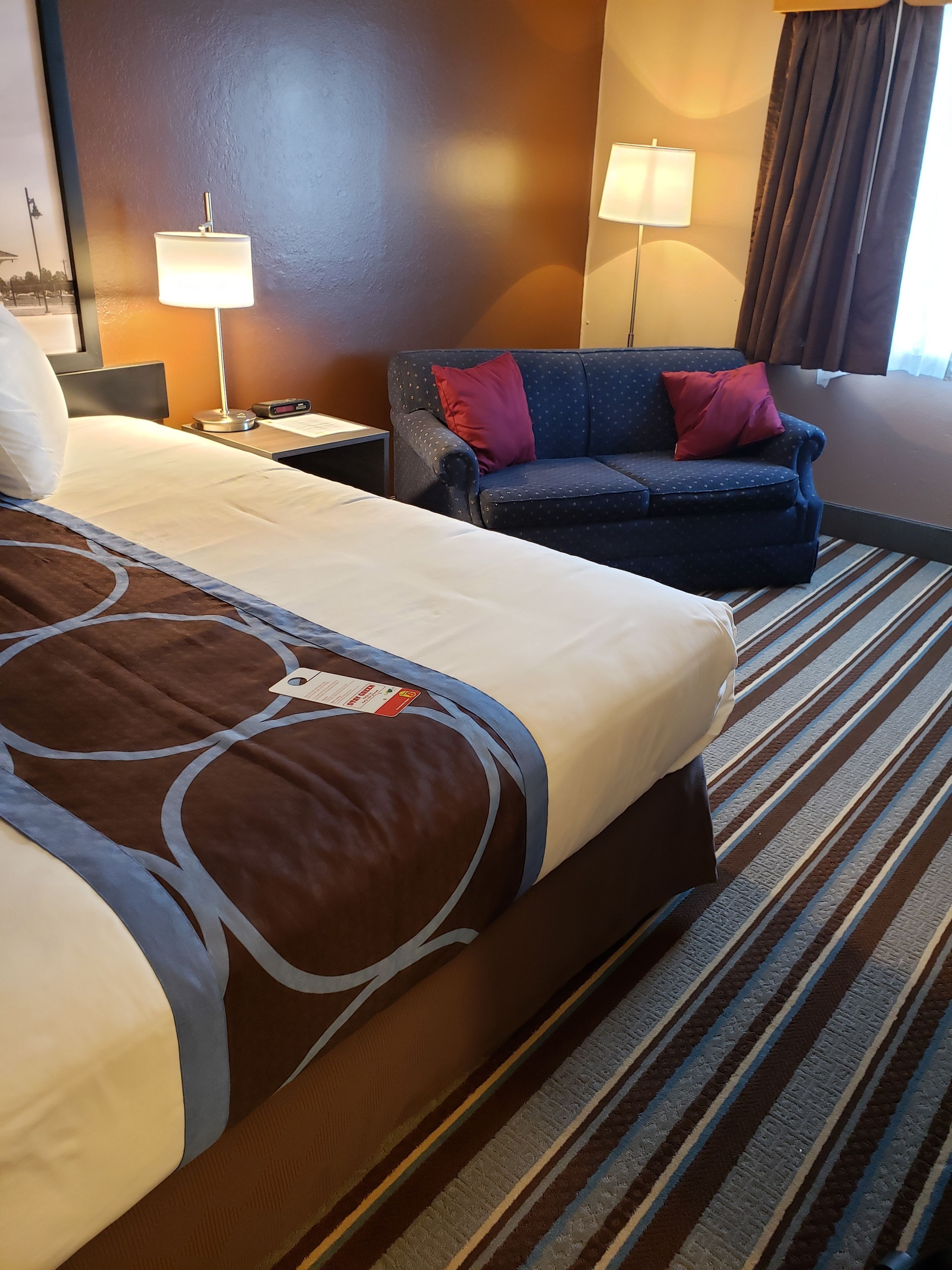 Ein Hotelzimmer mit einem großen Bett, einer Couch, zwei Lampen und einem Streifenmuster-Teppich.