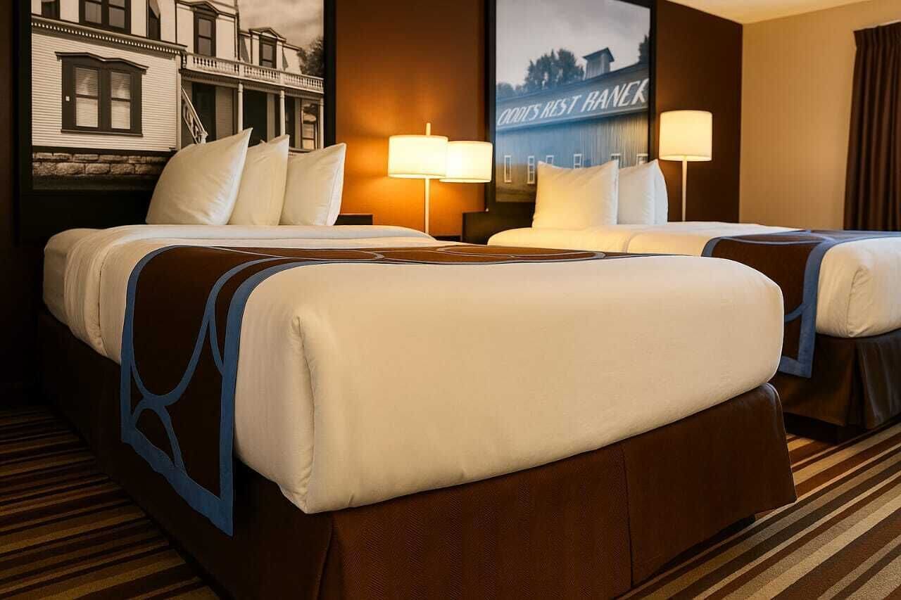 A hotel room with two beds, a large window, and a wall-mounted lamp.