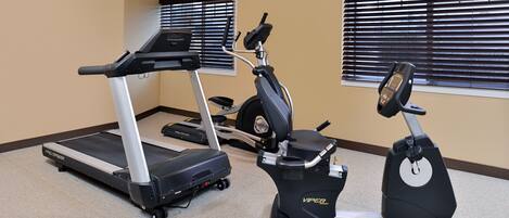 A fitness room with a ProForm treadmill, a Viper ProMaxima elliptical, and a ProMaxima stationary bike.