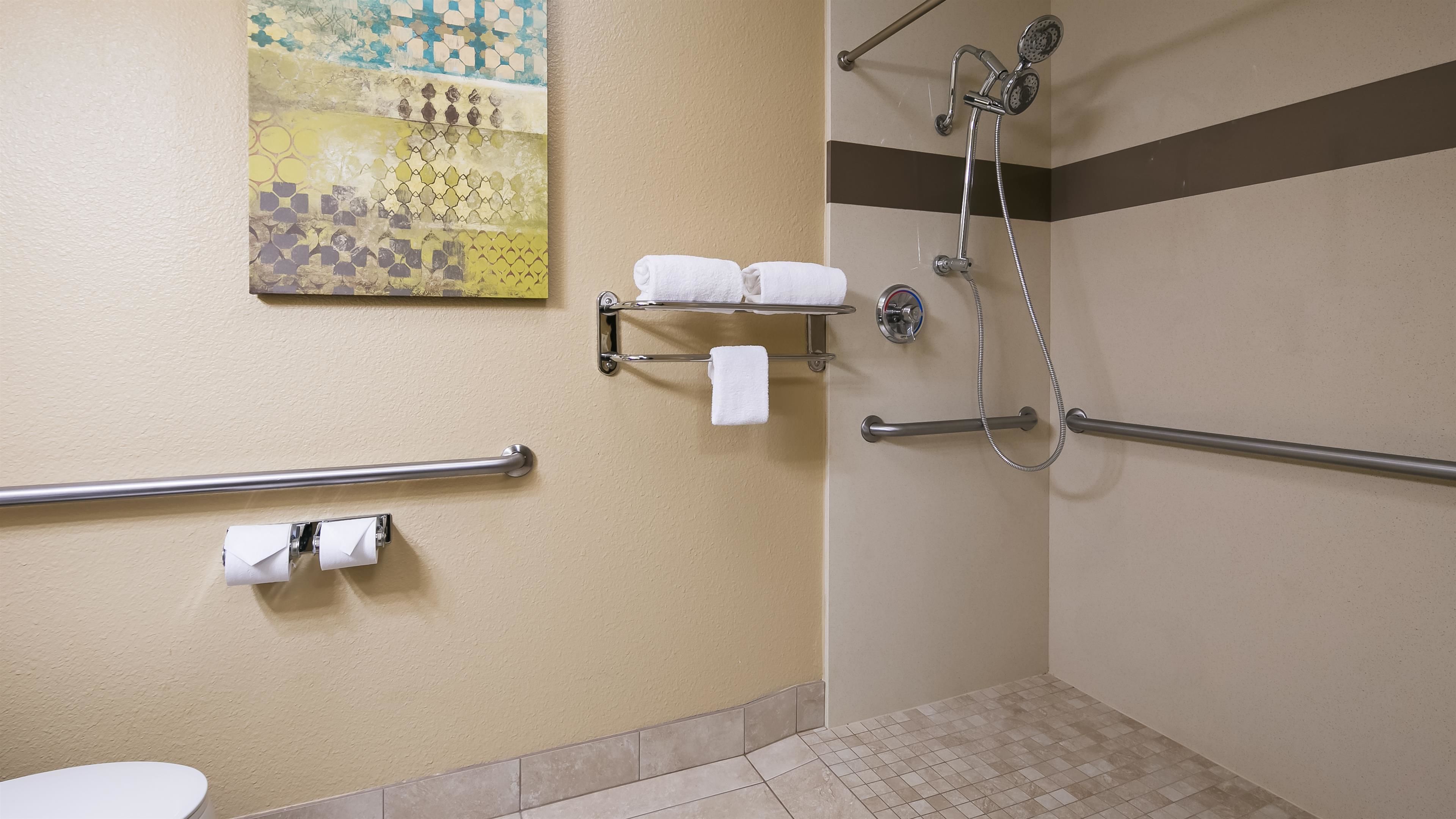 standard room, 1 queen bed, accessible, non smoking | bathroom | combined shower/bathtub, free toiletries, hair dryer, towels