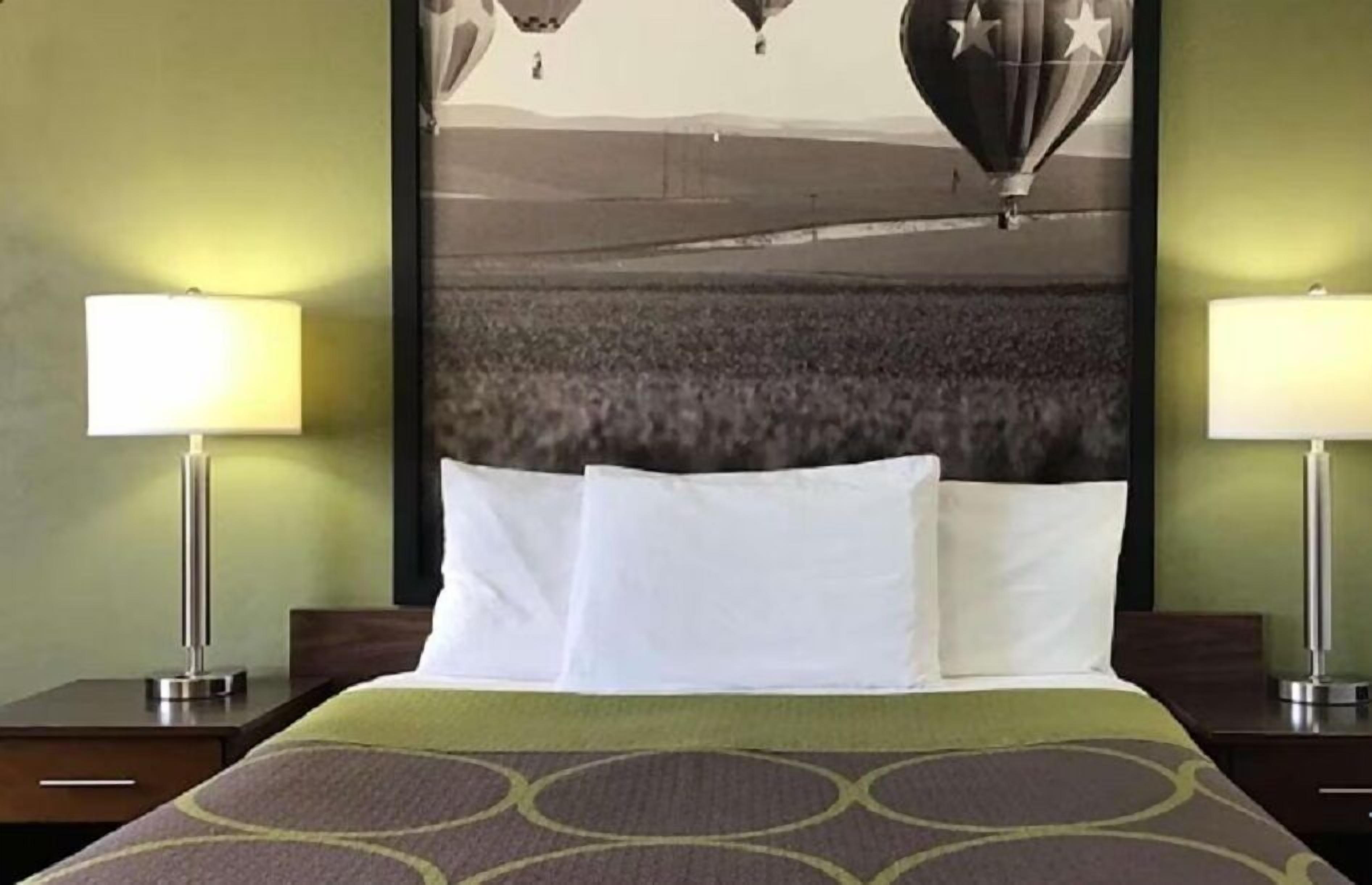 A hotel room with a bed, two bedside lamps, a large wall mural of hot air balloons, and a green patterned bedspread.