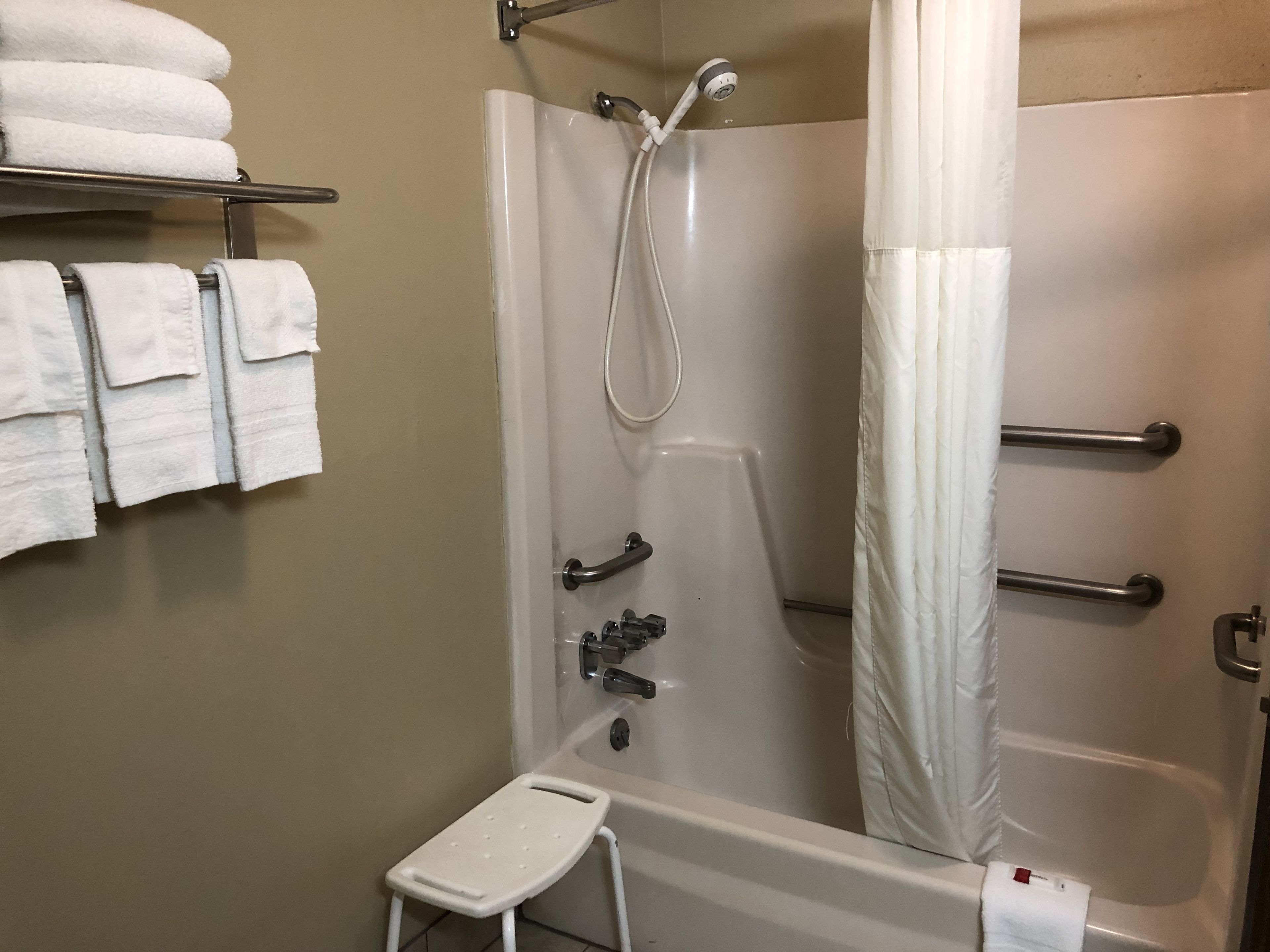 A shower area with a white shower curtain, a handheld showerhead, and a small white step stool.