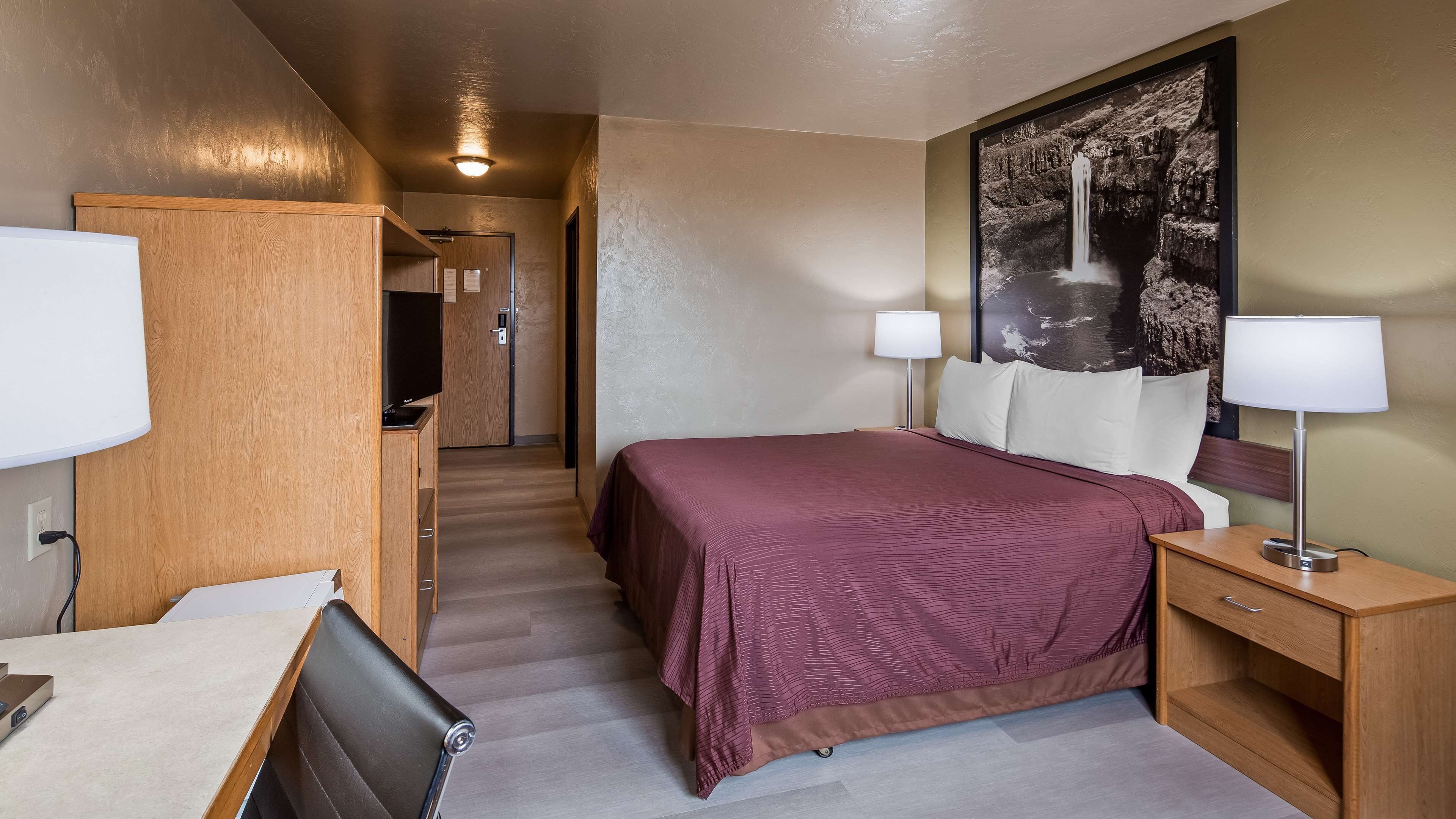 Une chambre d’hôtel avec un lit, des lampes de chevet, un bureau avec une chaise, une télévision et un tableau au mur.