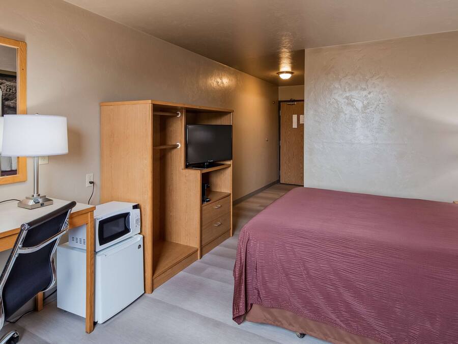Una camera d'albergo con un letto, una scrivania con computer e forno a microonde, una televisione, un armadio e uno specchio.