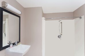 Bathroom features a sink, mirror, and shower with a glass door.