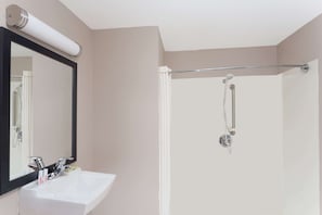 Bathroom features a sink, mirror, and shower with a glass door.