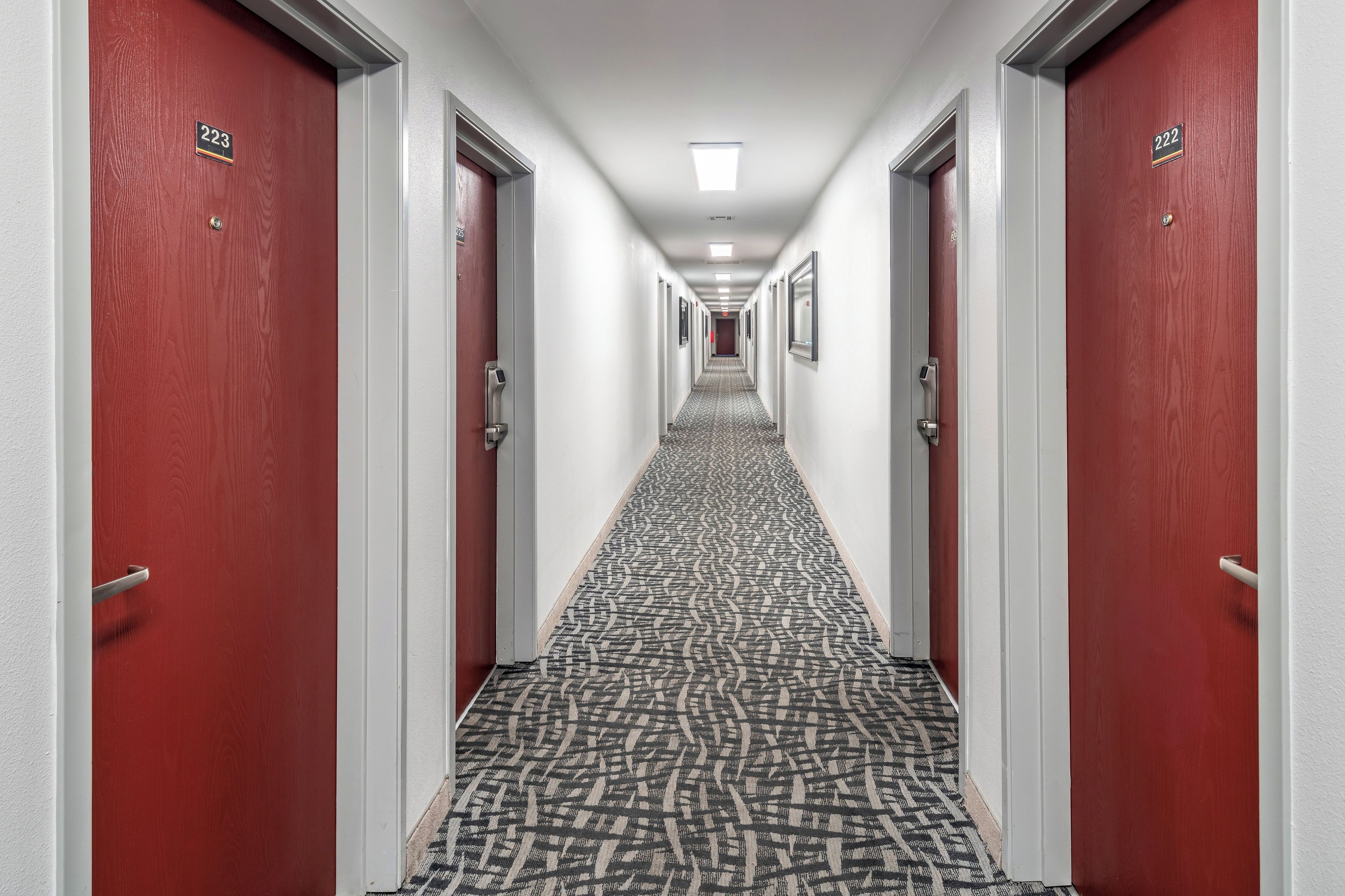 Un pasillo de hotel con puertas rojas, paredes blancas y alfombra estampada.