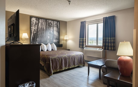 A hotel room with a bed, a desk, a chair, a TV, and a window with curtains.
