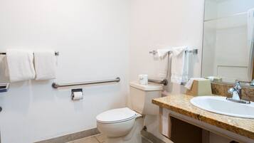Un baño con inodoro, lavabo, espejo y zona de ducha.