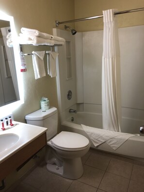 Combined shower/bathtub, free toiletries, hair dryer, towels