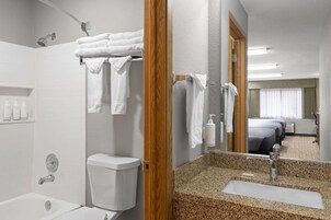 Bañera con ducha, secador de pelo, toallas