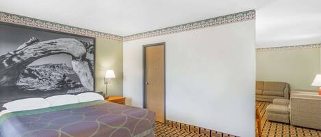 Una habitación de hotel con una cama, una puerta, un sofá y una alfombra estampada.