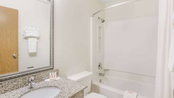 Hair dryer, towels, soap, shampoo